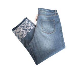 Y2K NWT Tribal Jeans Blue Denim Embroidered Legs Hem Capri Mid Rise Straight